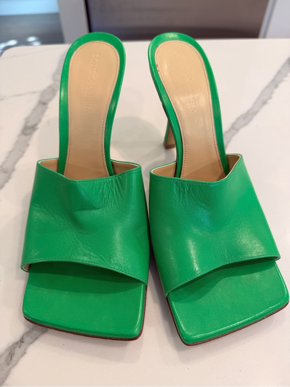Bottega Veneta Green Leather Square-Toe Mule Heels